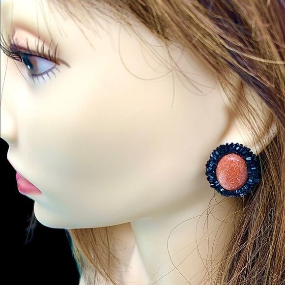 Hand beaded goldstone black glass bugle bead earrings pierced artist made - Picture 7 of 13